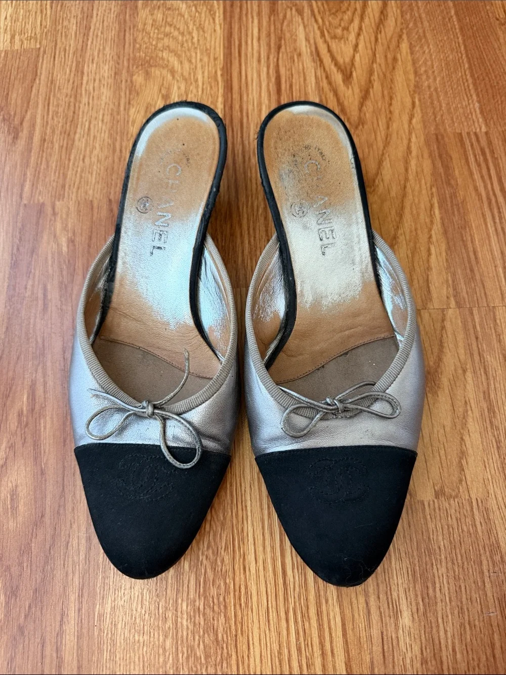 CHANEL Two-Tone Black and Silver Slip-On Mules